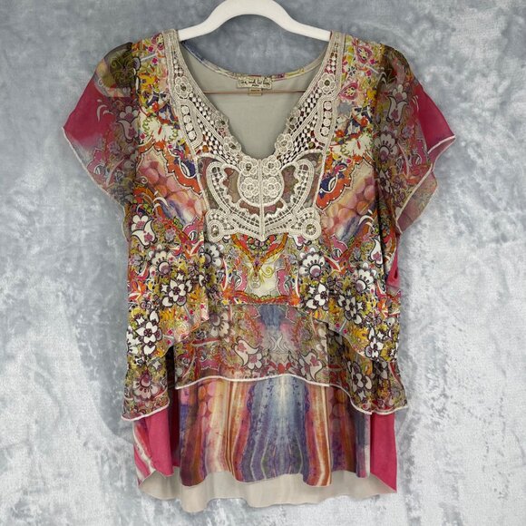 Live and Let Live Top PL Tiered Crochet Trim Sublimation Sheer Sleeves - Picture 1 of 15